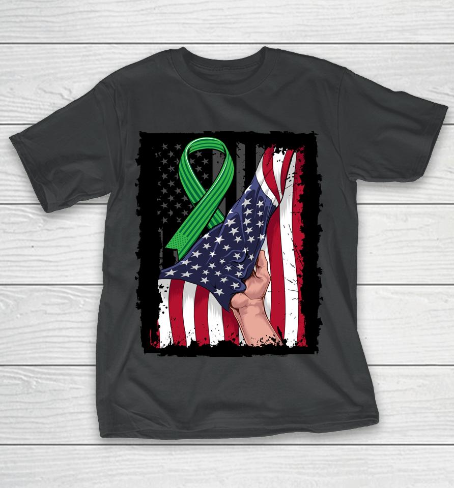 Kidney Disease Awareness American Flag Green Ribbon Gifts T-Shirt