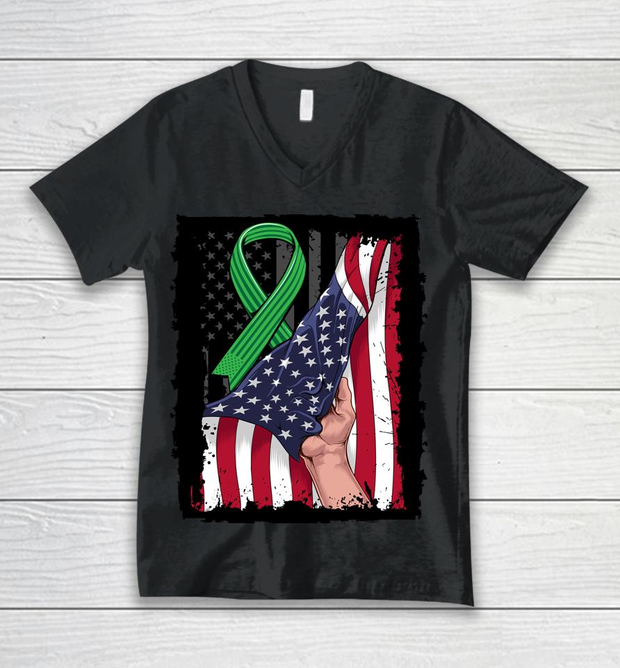 Kidney Disease Awareness American Flag Green Ribbon Gifts Unisex V-Neck T-Shirt