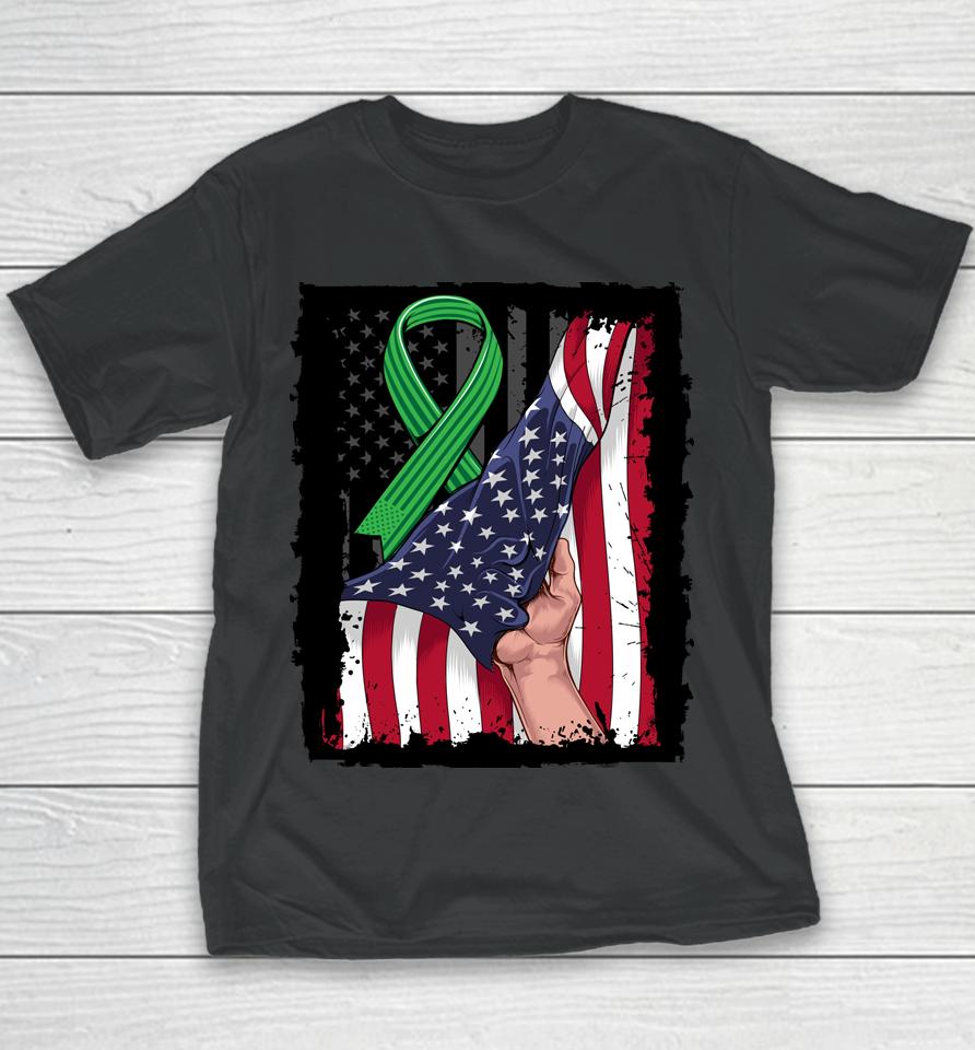 Kidney Disease Awareness American Flag Green Ribbon Gifts Youth T-Shirt