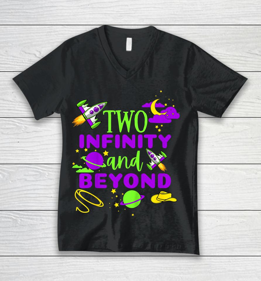Kids 2 Year Old Two Infinity And Beyond 2Nd Birthday Boys Girls Unisex V-Neck T-Shirt