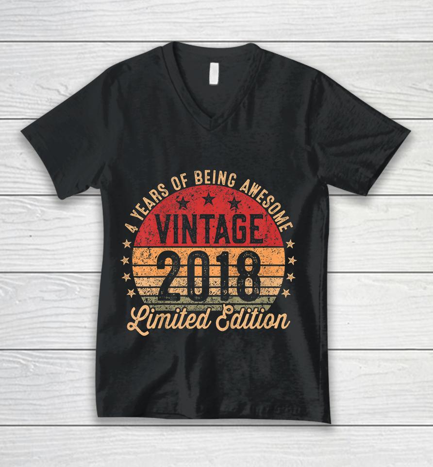 Kids 4 Year Old Vintage 2018 Limited Edition 4Th Birthday Unisex V-Neck T-Shirt