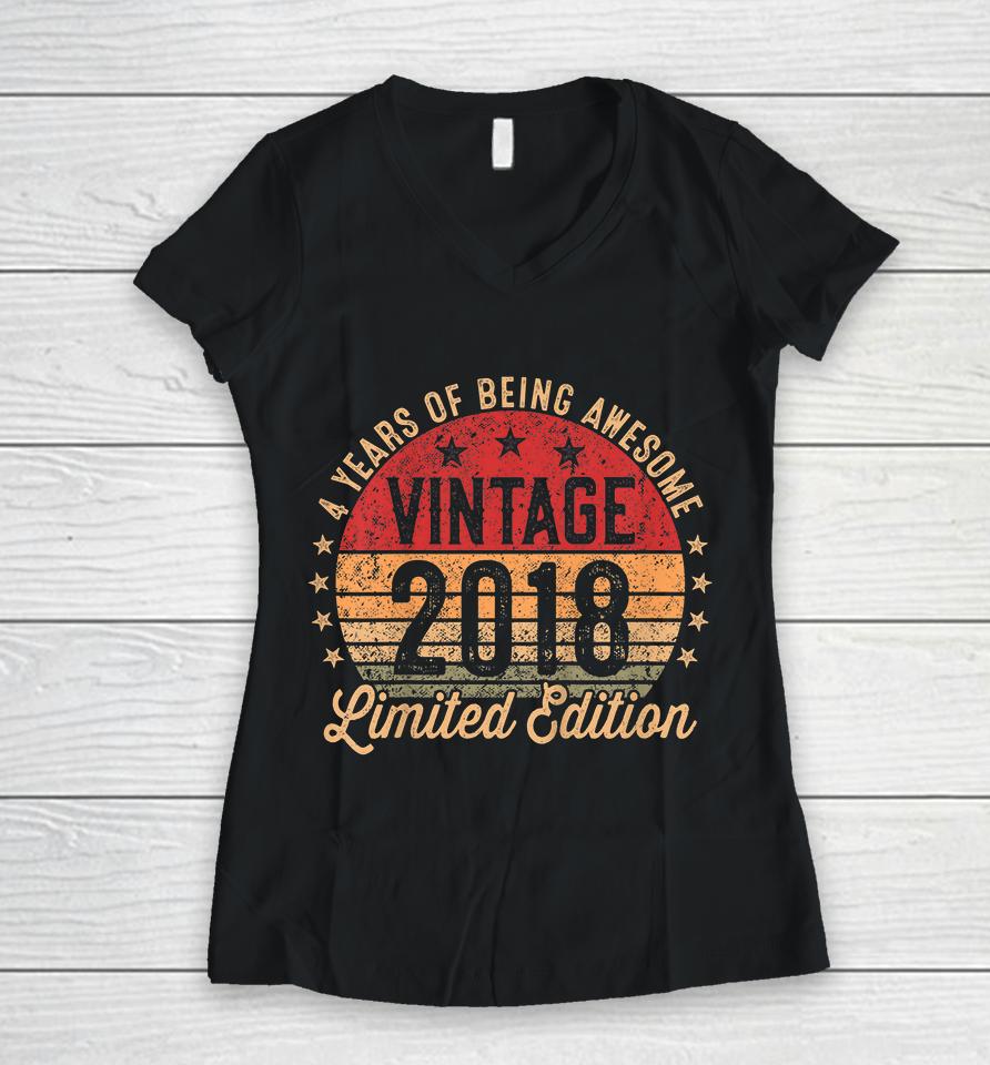 Kids 4 Year Old Vintage 2018 Limited Edition 4Th Birthday Women V-Neck T-Shirt