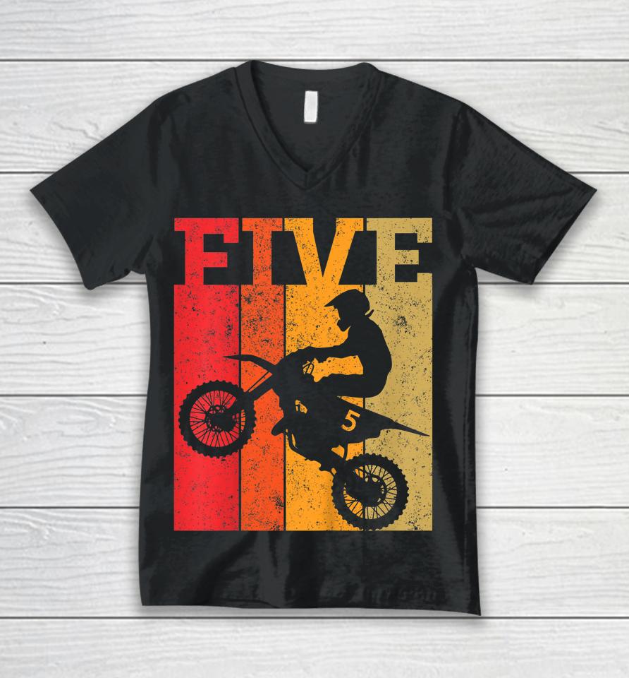 Kids 5Th Birthday Boys 5 Five Dirt Bike Motocross Motorcycle Race Unisex V-Neck T-Shirt