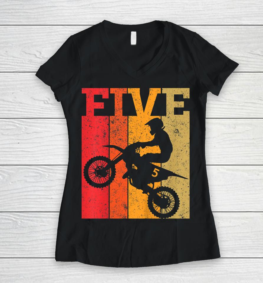 Kids 5Th Birthday Boys 5 Five Dirt Bike Motocross Motorcycle Race Women V-Neck T-Shirt