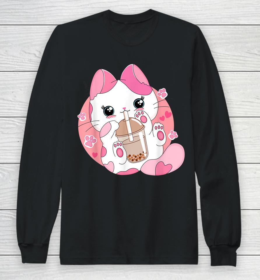 Kids Anime Kawaii Cat Boba Bubble Tea Long Sleeve T-Shirt