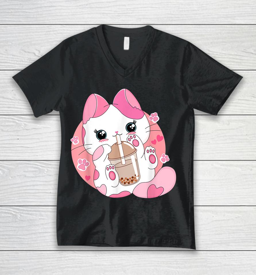 Kids Anime Kawaii Cat Boba Bubble Tea Unisex V-Neck T-Shirt