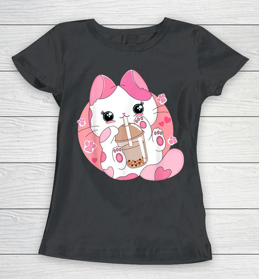Kids Anime Kawaii Cat Boba Bubble Tea Women T-Shirt