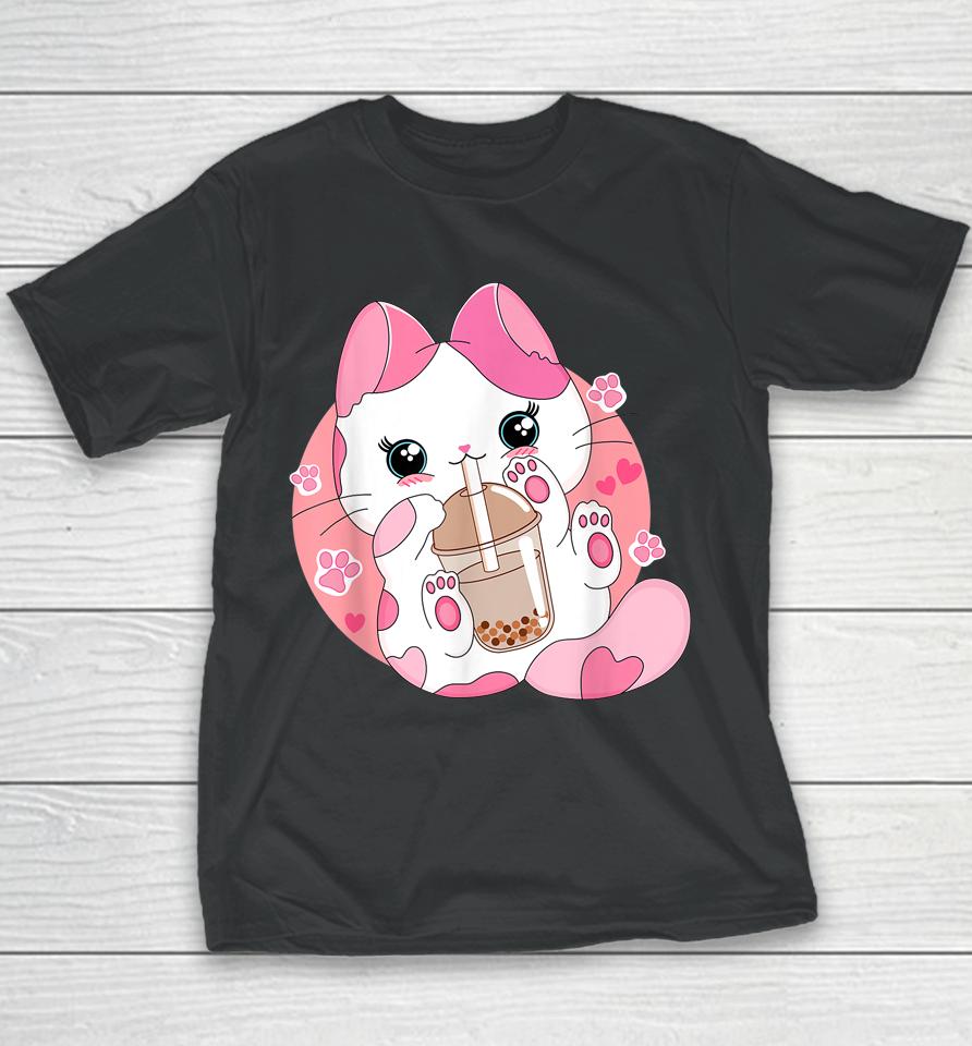 Kids Anime Kawaii Cat Boba Bubble Tea Youth T-Shirt