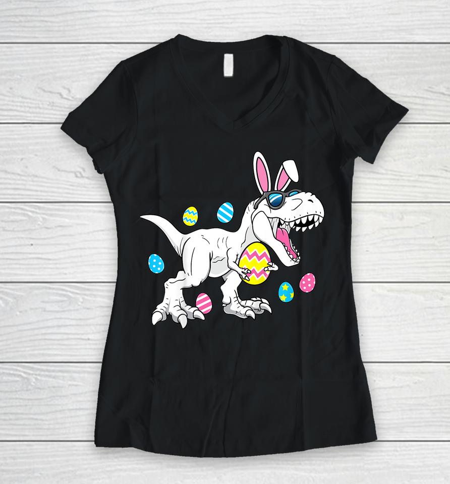 Kids Boys Easter Dinosaur Shirt Egg A Saurus Trex Women V-Neck T-Shirt