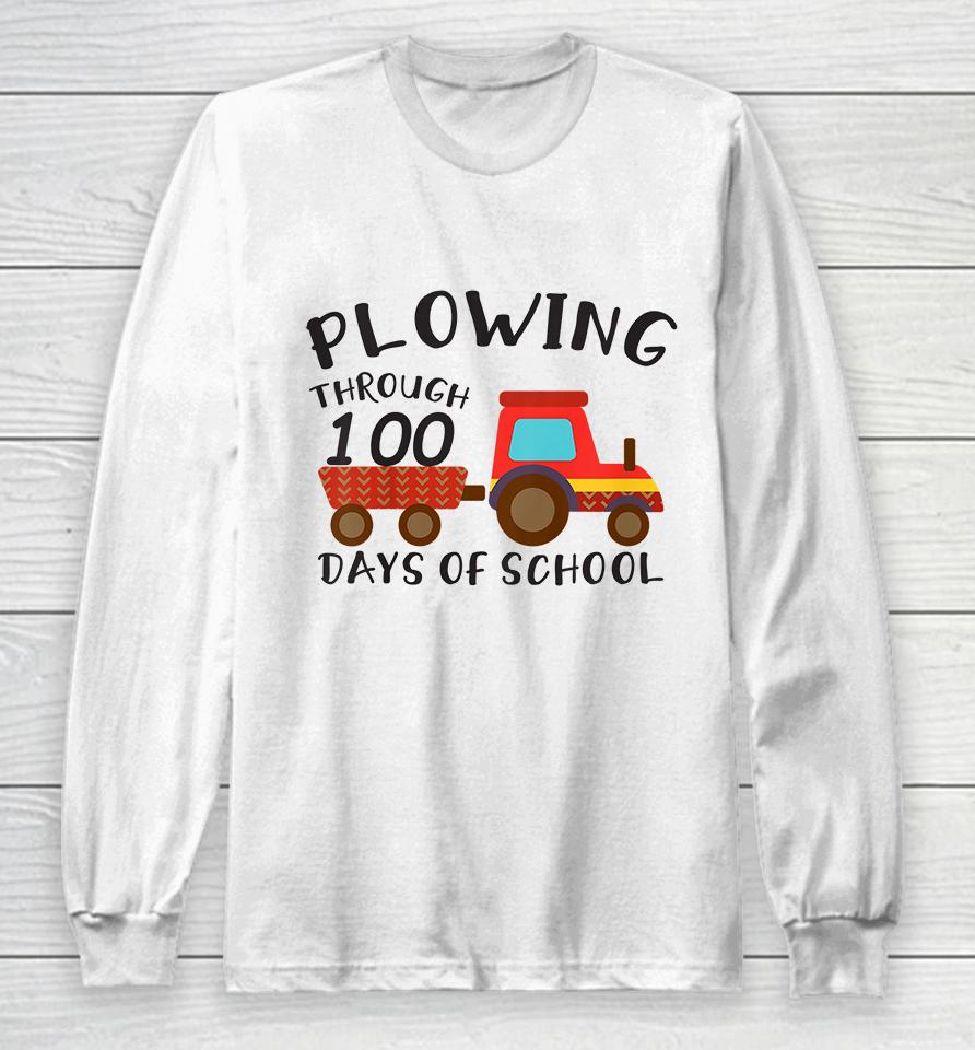 Kids Funny Tractor Drawing Tee Plowing Through 100 Days Of School Long Sleeve T-Shirt