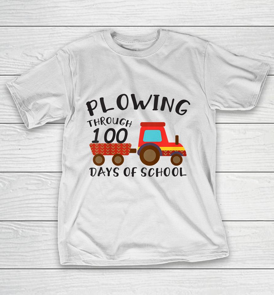 Kids Funny Tractor Drawing Tee Plowing Through 100 Days Of School T-Shirt