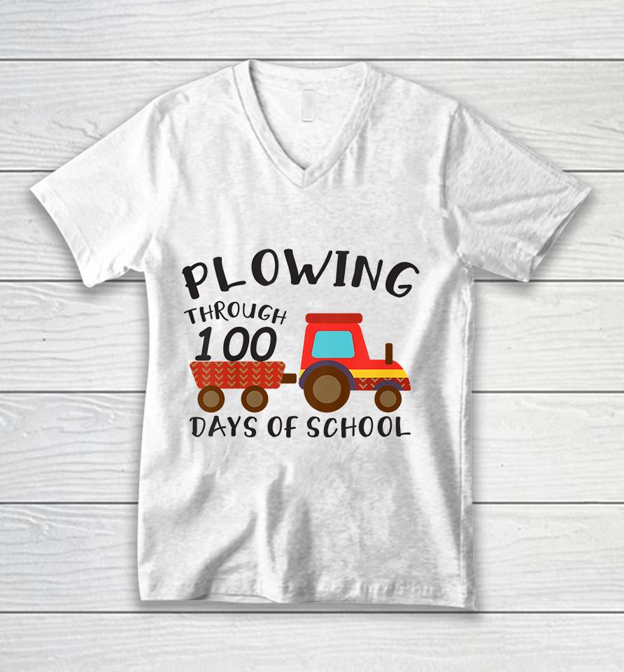 Kids Funny Tractor Drawing Tee Plowing Through 100 Days Of School Unisex V-Neck T-Shirt