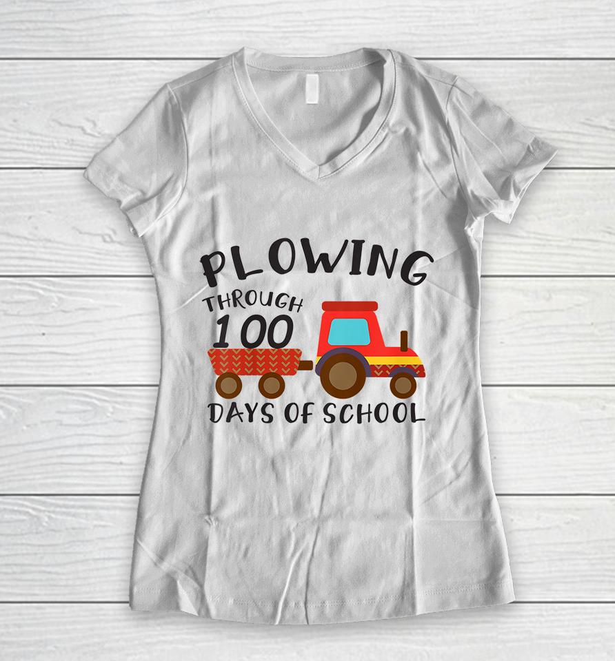 Kids Funny Tractor Drawing Tee Plowing Through 100 Days Of School Women V-Neck T-Shirt