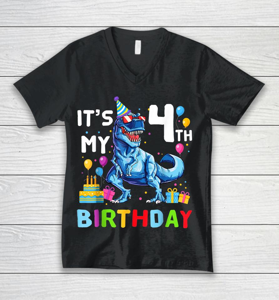 Kids It's My 4Th Birthday Happy 4 Year T-Rex Unisex V-Neck T-Shirt