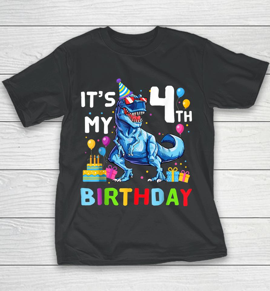 Kids It's My 4Th Birthday Happy 4 Year T-Rex Youth T-Shirt