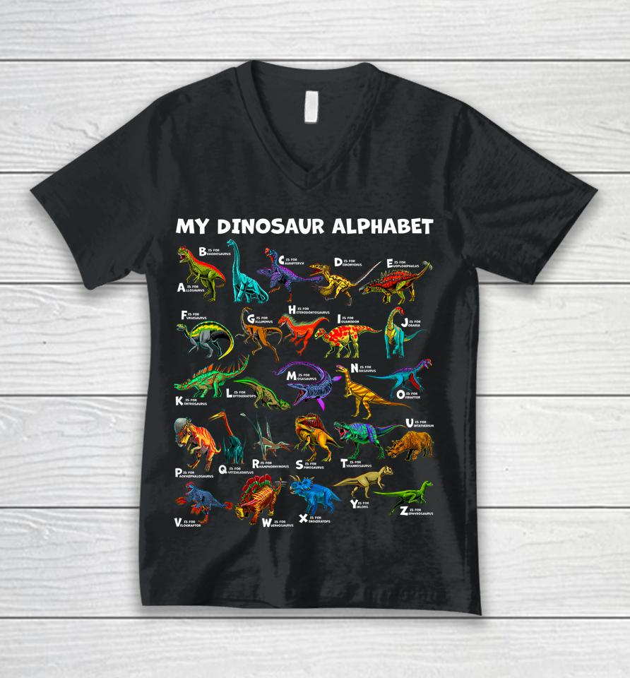 Kind Of Dinosaurs Alphabet A-Z Abc Dino Identification Unisex V-Neck T-Shirt