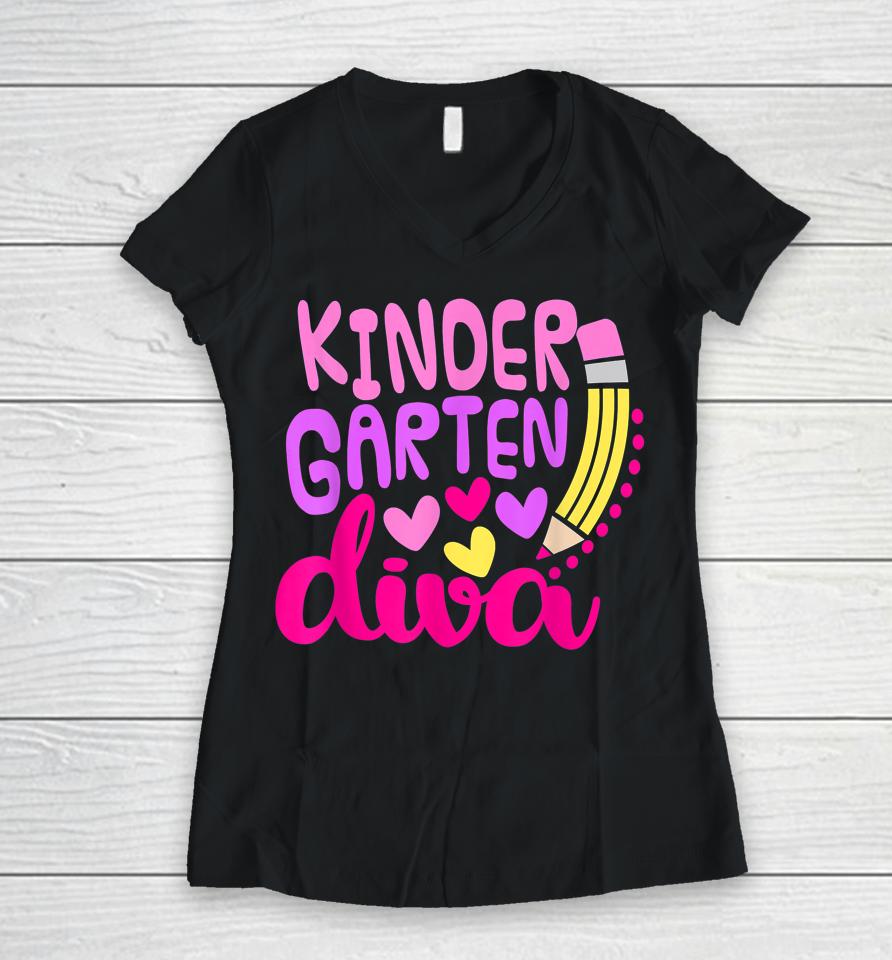 Kindergarten Diva Girls First Day Of Kindergarten Women V-Neck T-Shirt