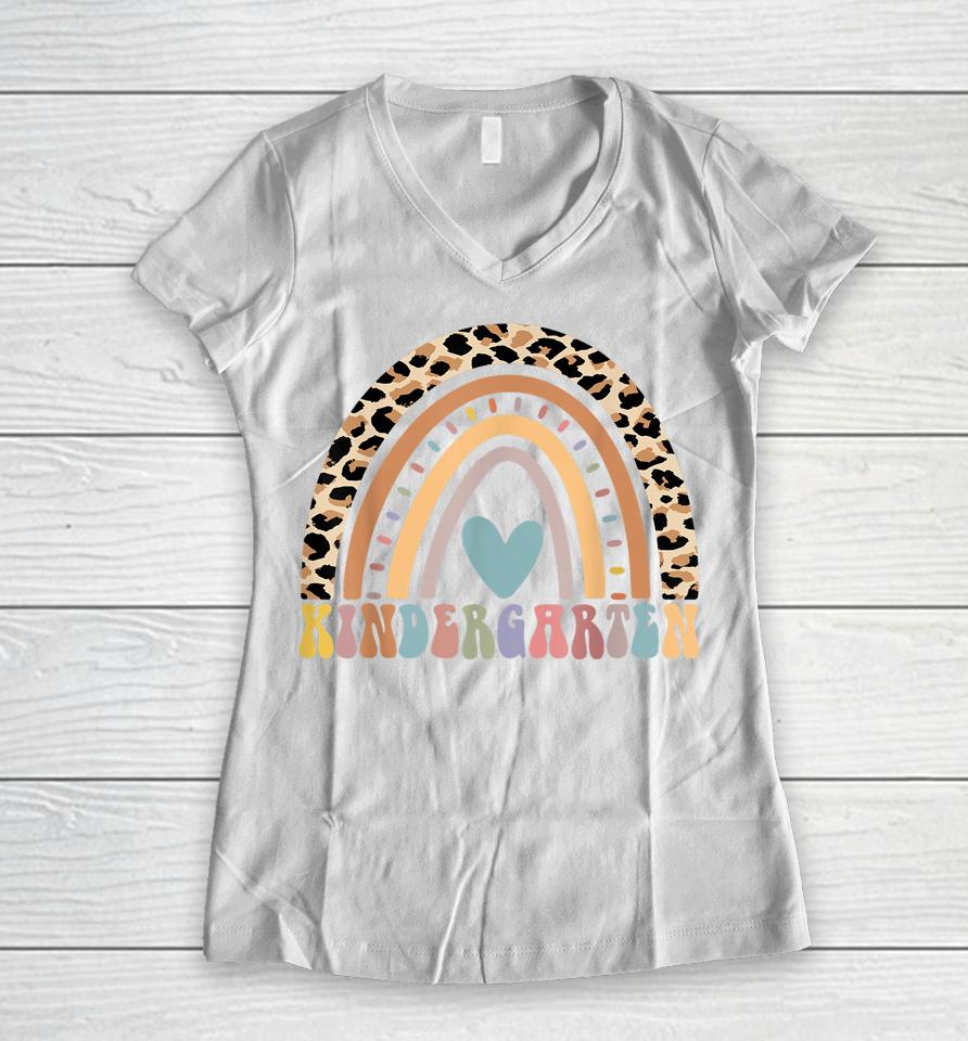 Kindergarten Girls Teacher Squad Team Rainbow Groovy Women V-Neck T-Shirt
