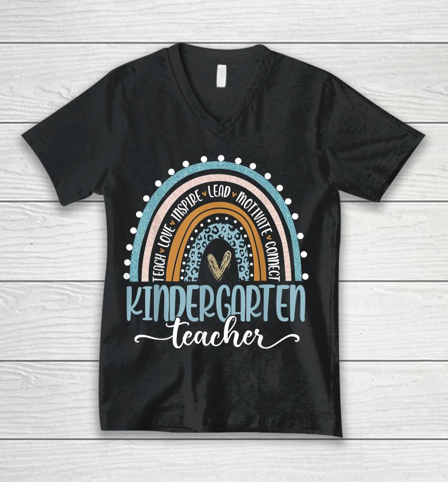 Kindergarten Teacher Leopard Rainbow First Day Of School Unisex V-Neck T-Shirt