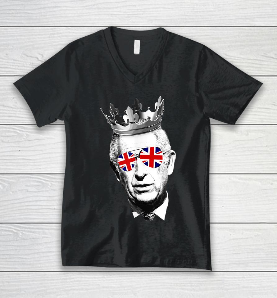 King Charles Iii Sunglasses British Crown Union Jack Meme Unisex V-Neck T-Shirt