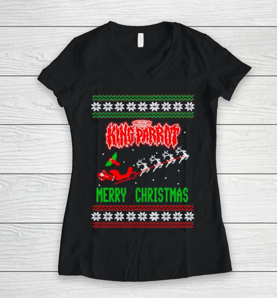 King Parrot Merry Christmas Uglyshirts Women V-Neck T-Shirt