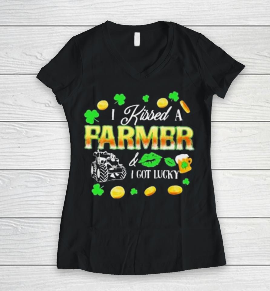 Kissed A Farmer Got Lucky Funny St Patrick’s Day Farmer Women V-Neck T-Shirt