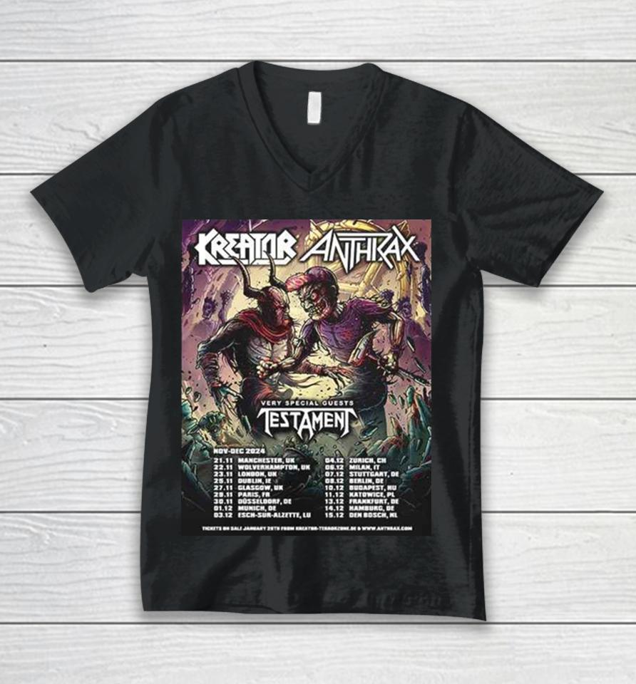 Kreator X Anthrax With Special Guests Testament Nov Dec 2024 Tour Schedule Lists Unisex V-Neck T-Shirt