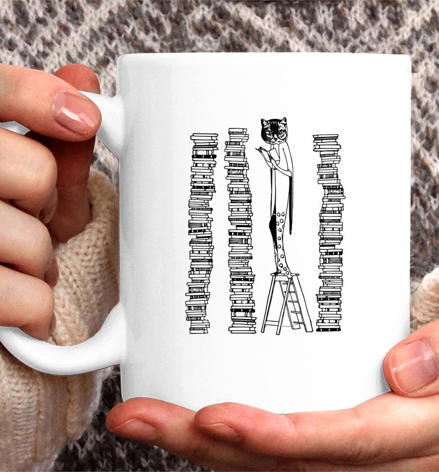 Lady Cat And Stack Of Books Woman Reading Retro Victorian Coffee Mug