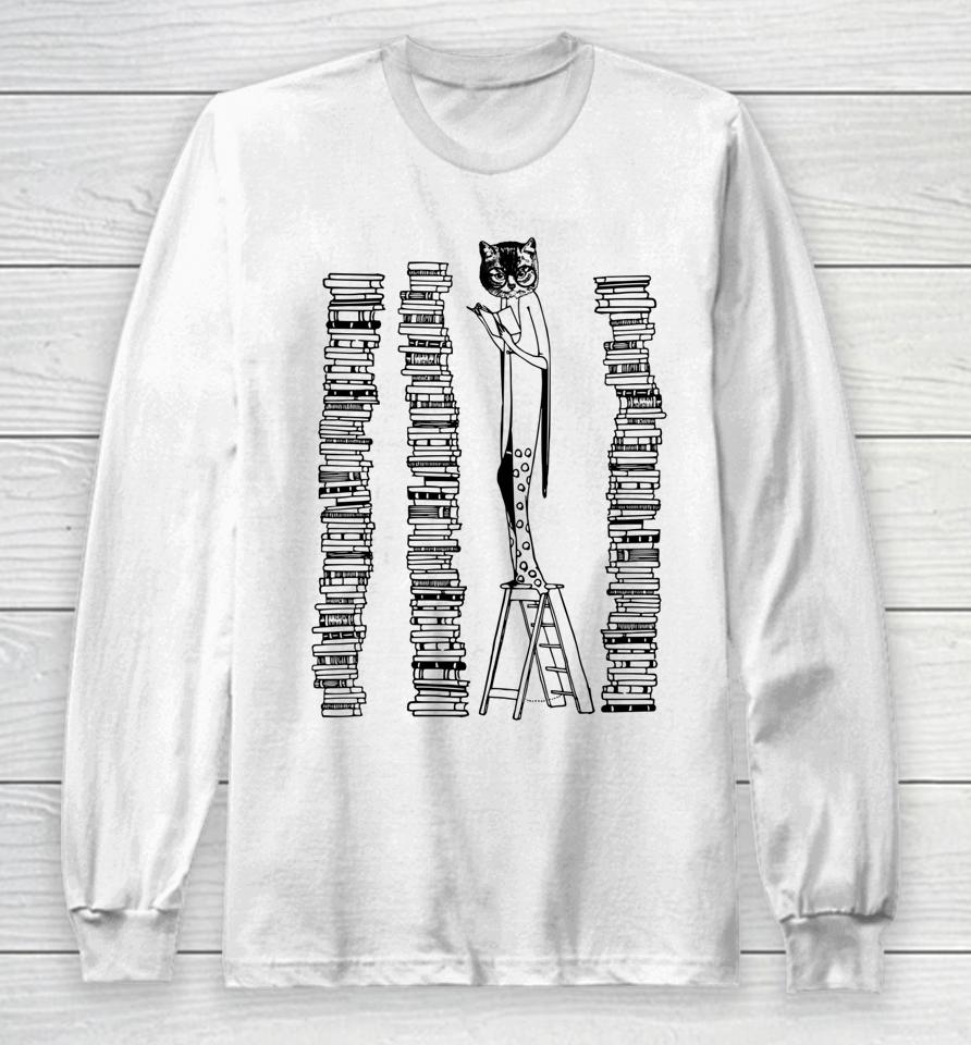Lady Cat And Stack Of Books Woman Reading Retro Victorian Long Sleeve T-Shirt