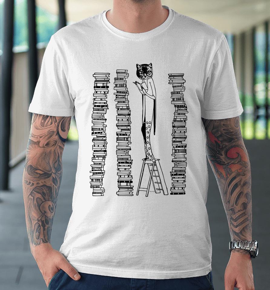 Lady Cat And Stack Of Books Woman Reading Retro Victorian Premium T-Shirt