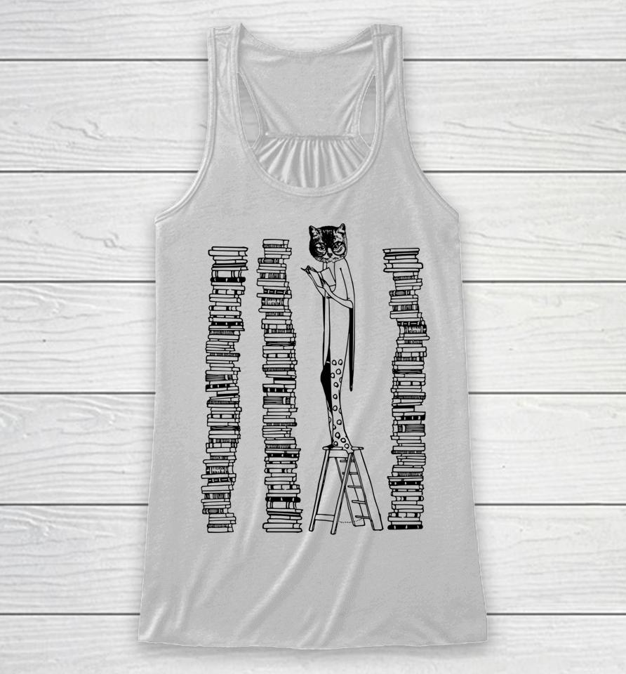 Lady Cat And Stack Of Books Woman Reading Retro Victorian Racerback Tank