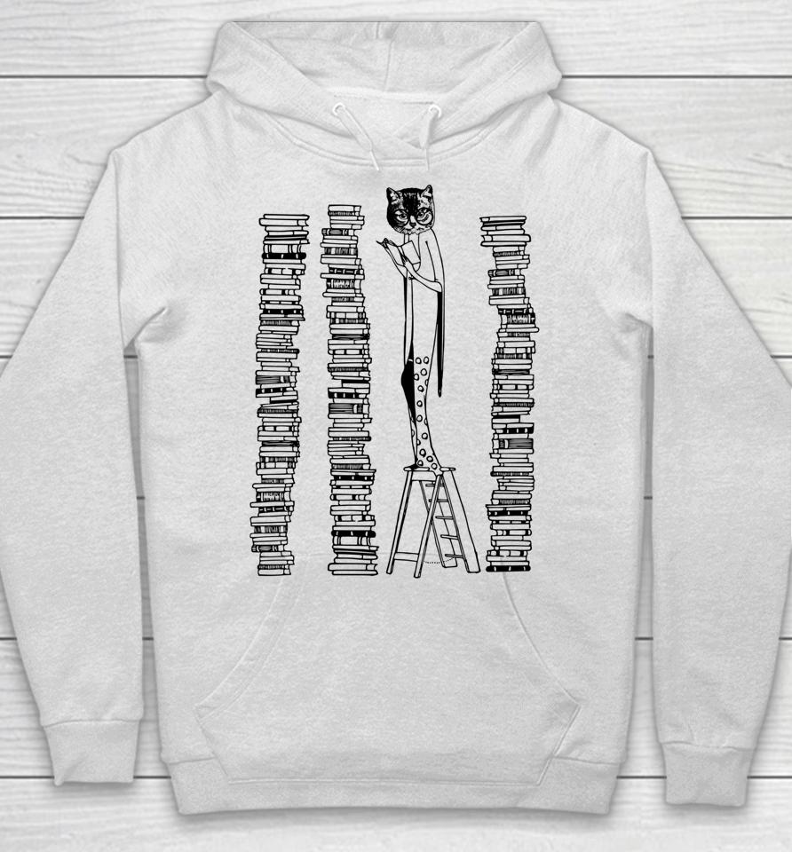 Lady Cat And Stack Of Books Woman Reading Retro Victorian Hoodie