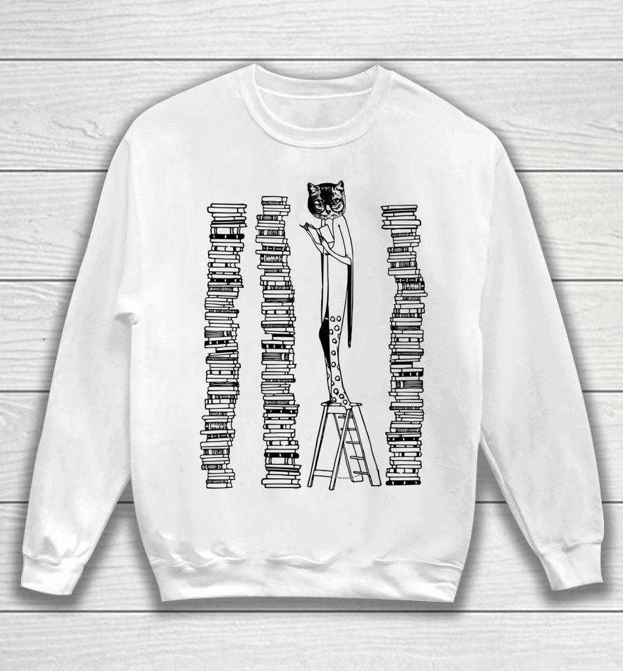 Lady Cat And Stack Of Books Woman Reading Retro Victorian Sweatshirt