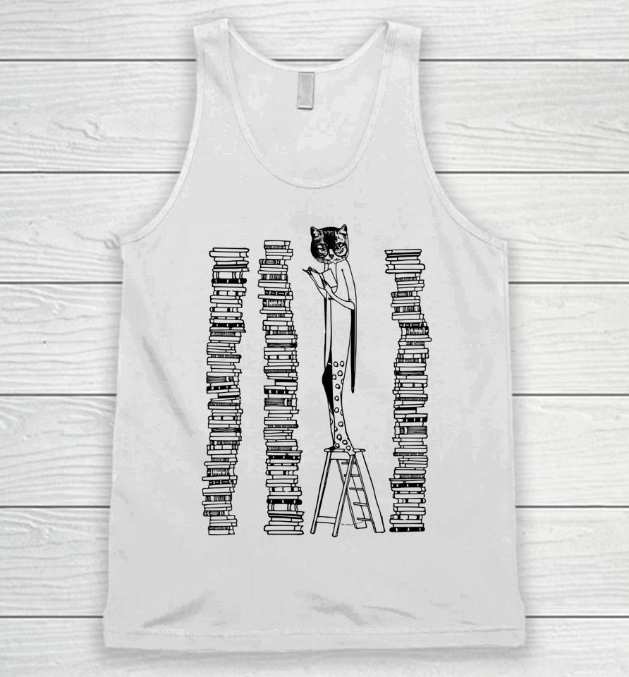 Lady Cat And Stack Of Books Woman Reading Retro Victorian Unisex Tank Top