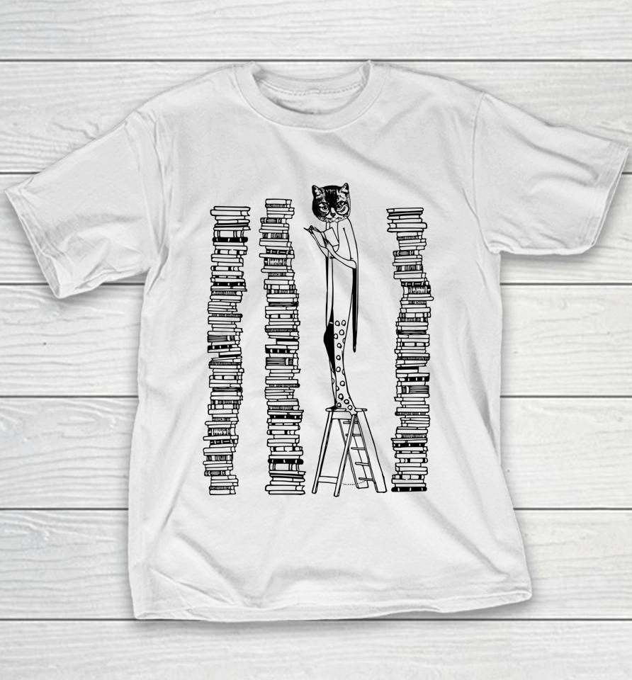 Lady Cat And Stack Of Books Woman Reading Retro Victorian Youth T-Shirt