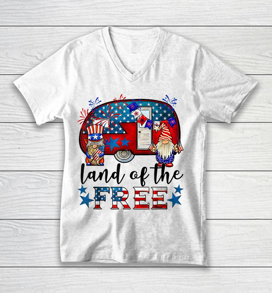 Land Of The Free American Flag Gnomes Funny Camping July 4Th Unisex V-Neck T-Shirt