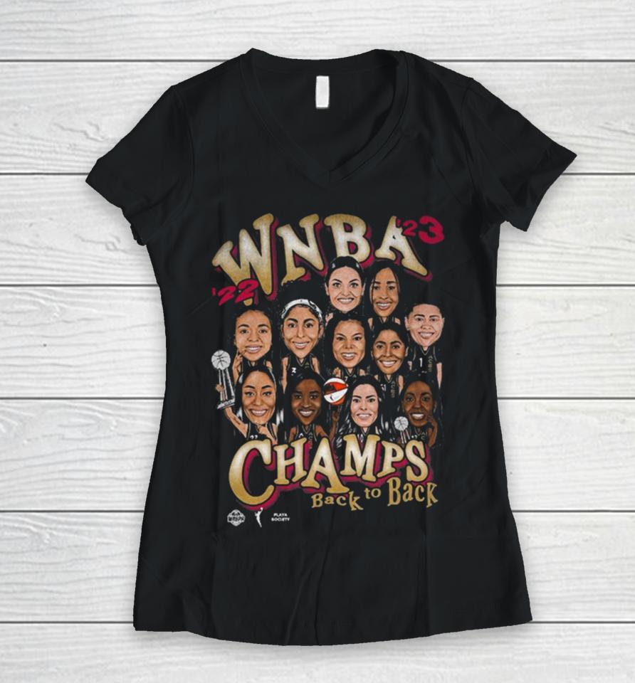 Las Vegas Aces Playa Society Back To Back Wnba 2022 – 2023 Finals Champions Roster Women V-Neck T-Shirt