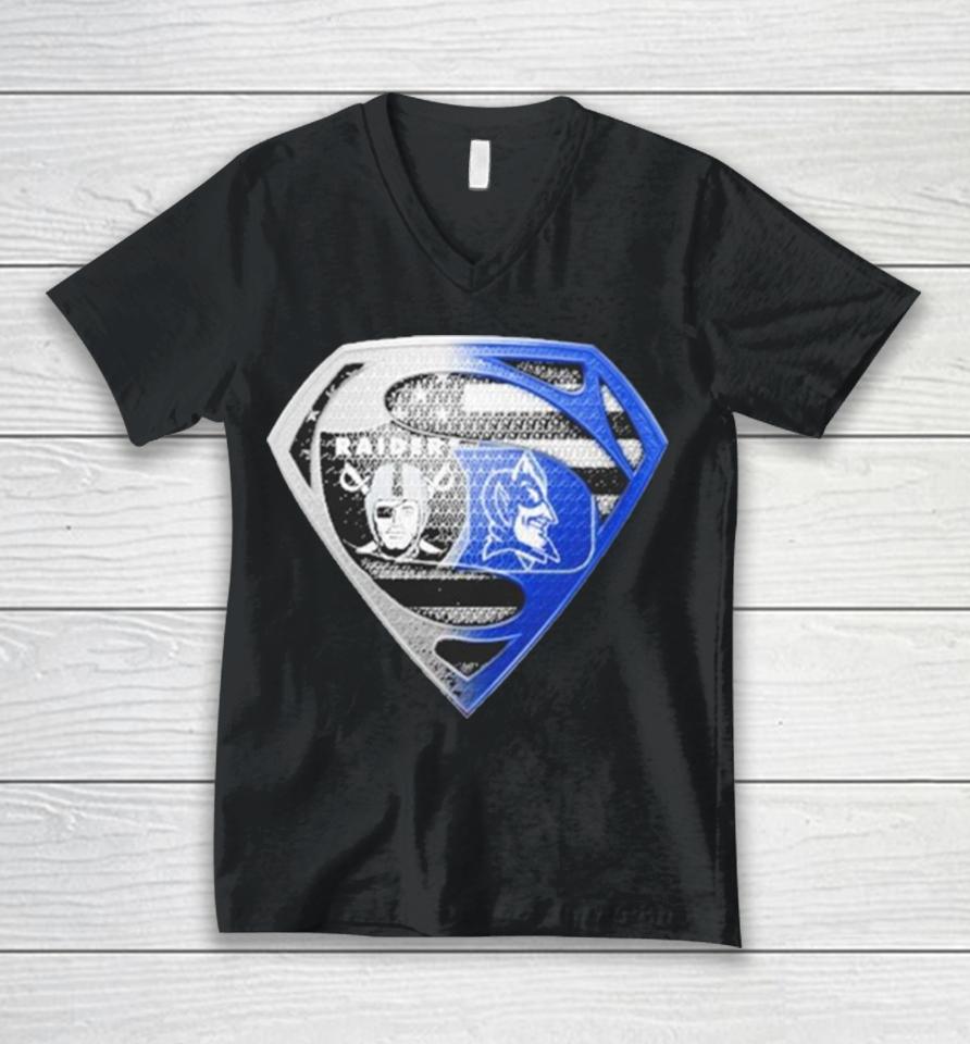 Las Vegas Raiders And Duke Blue Devils Superman Sports Unisex V-Neck T-Shirt