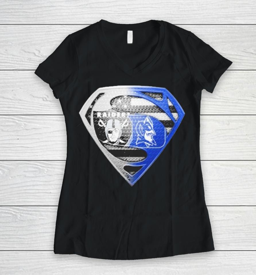 Las Vegas Raiders And Duke Blue Devils Superman Sports Women V-Neck T-Shirt