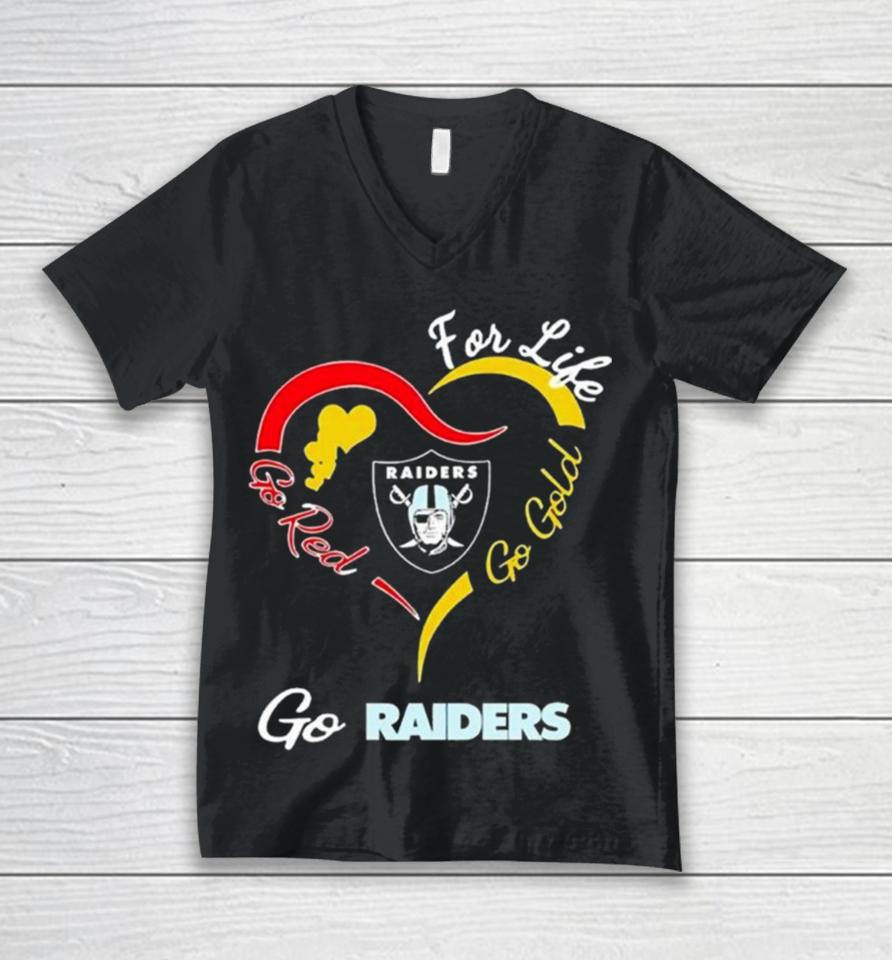 Las Vegas Raiders For Life Go Red Go Gold Go Eagles Heart Logo Unisex V-Neck T-Shirt