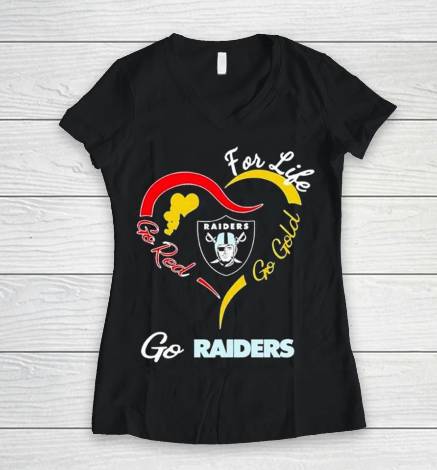 Las Vegas Raiders For Life Go Red Go Gold Go Eagles Heart Logo Women V-Neck T-Shirt