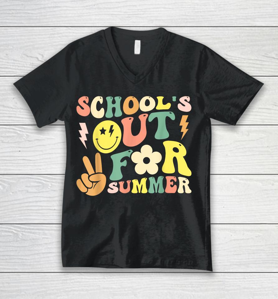 Last Day Of School Groovy Schools Out For Summer Teacher Unisex V-Neck T-Shirt