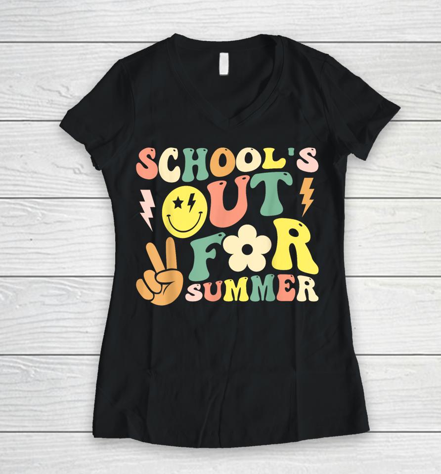 Last Day Of School Groovy Schools Out For Summer Teacher Women V-Neck T-Shirt