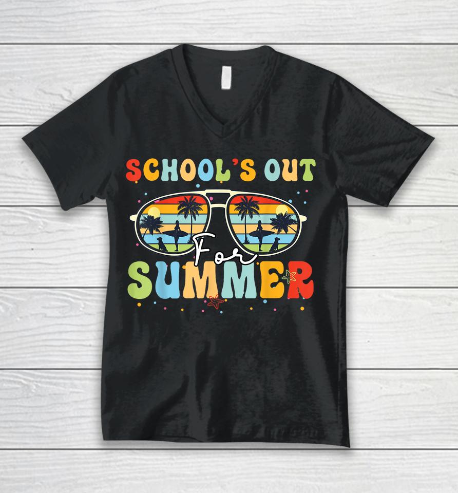 Last Day Of School Retro Schools Out For Summer Teacher Unisex V-Neck T-Shirt