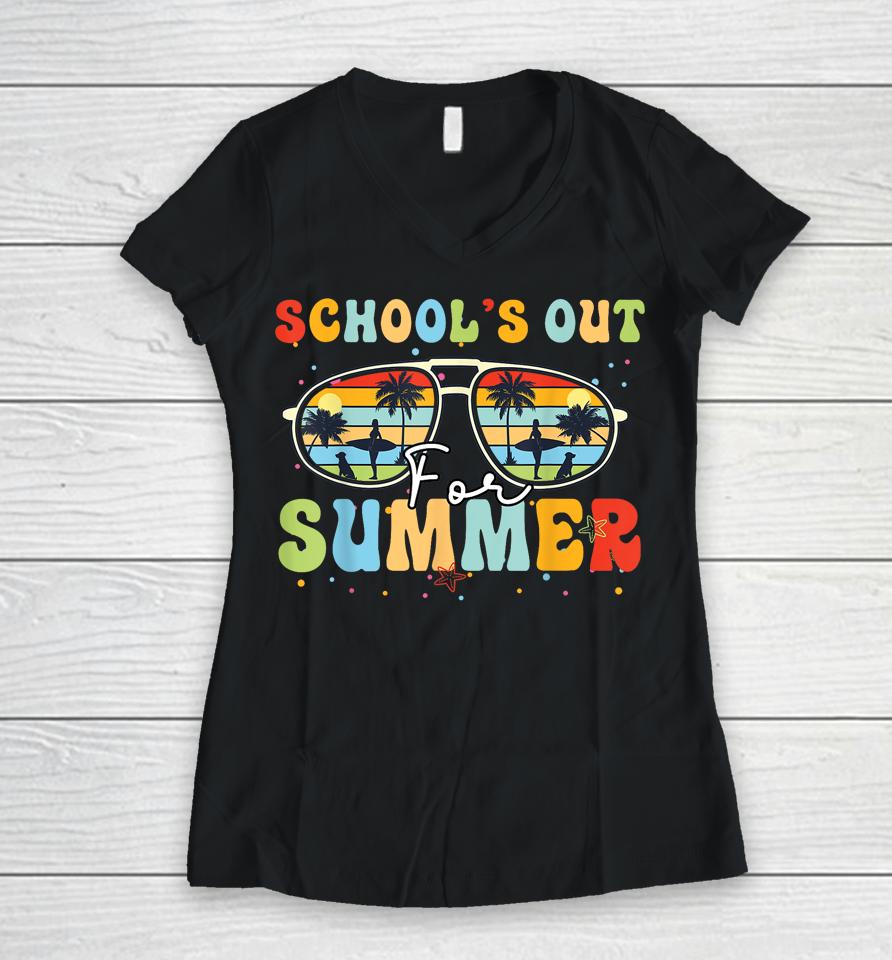 Last Day Of School Retro Schools Out For Summer Teacher Women V-Neck T-Shirt