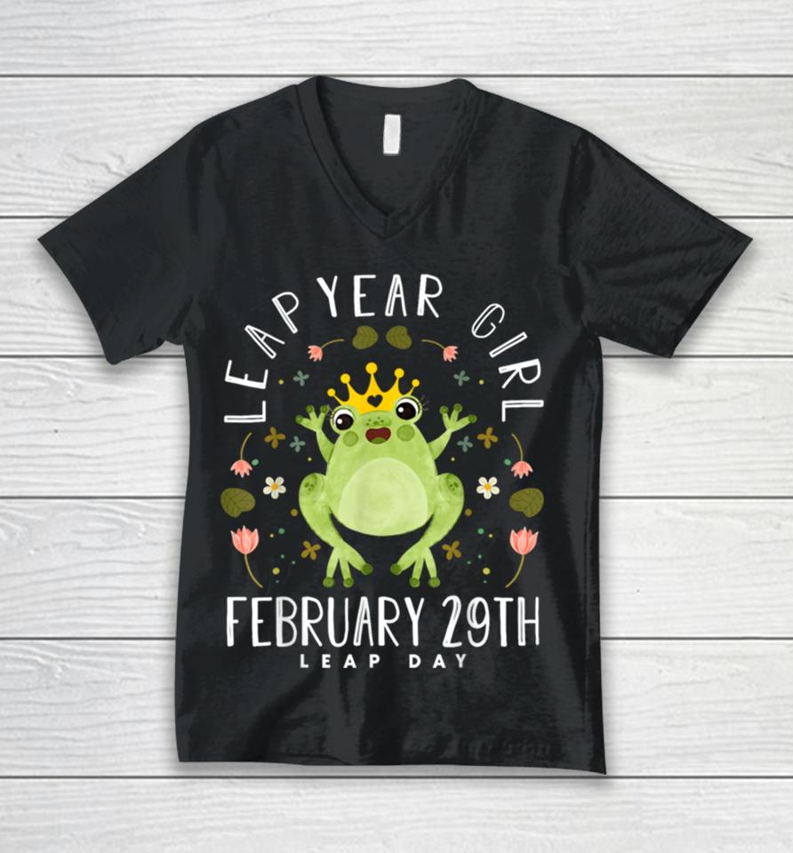 Leap Year Girl Cute Frog Leap Day Birthday Women Girls Unisex V-Neck T-Shirt