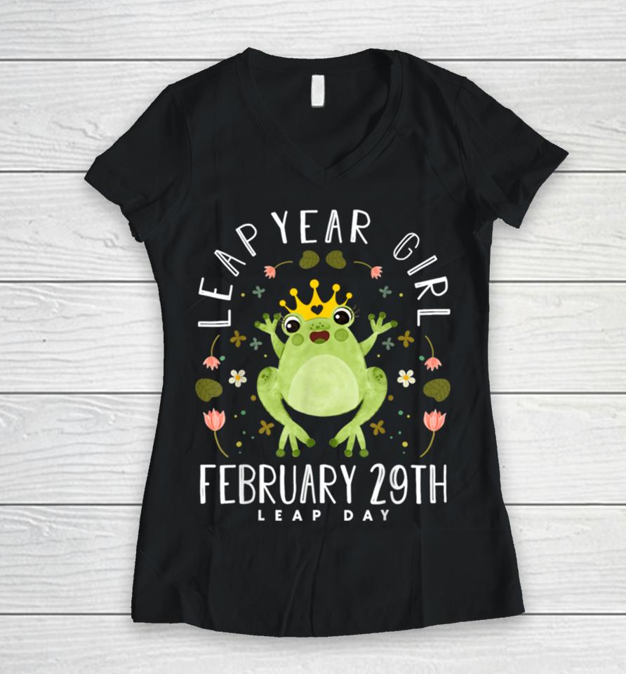 Leap Year Girl Cute Frog Leap Day Birthday Women Girls Women V-Neck T-Shirt