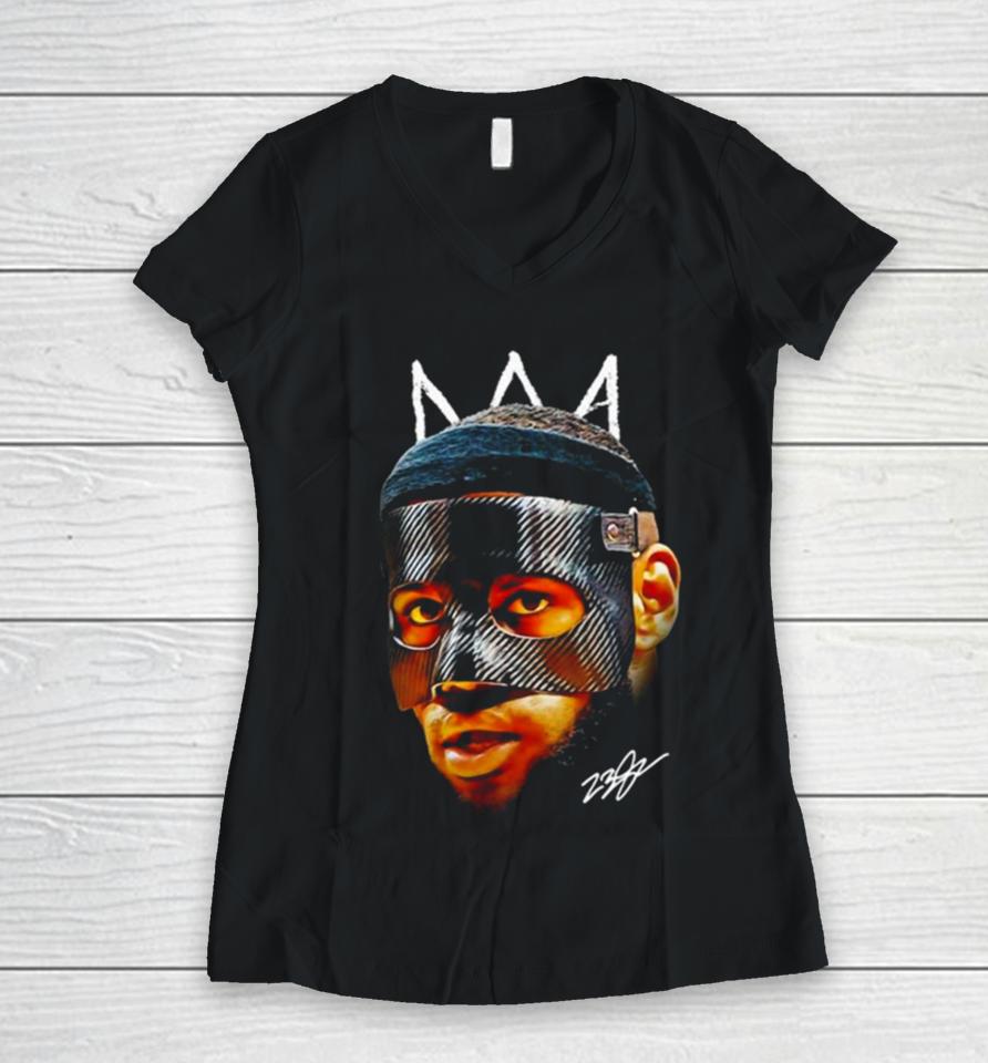 Lebron James Mask Masked Lebron Basketball Graphic Design King James Signature Women V-Neck T-Shirt