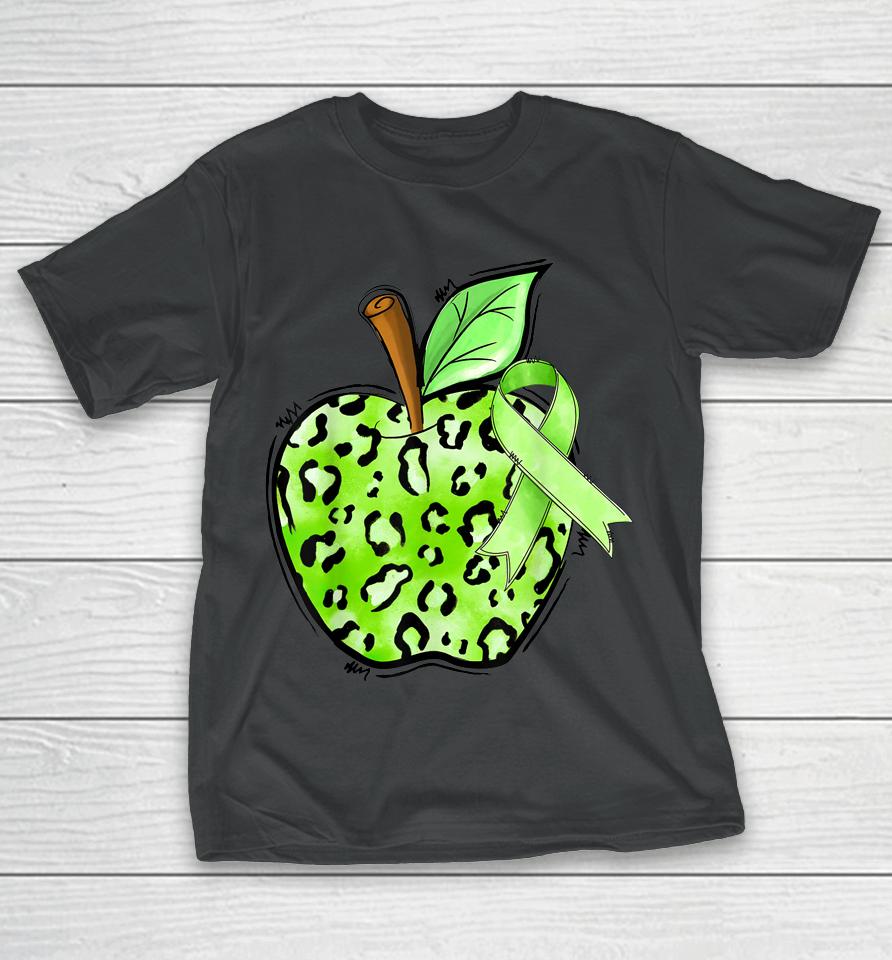 Leopard Apple Cerebral Palsy Awareness Green Ribbon Teacher T-Shirt