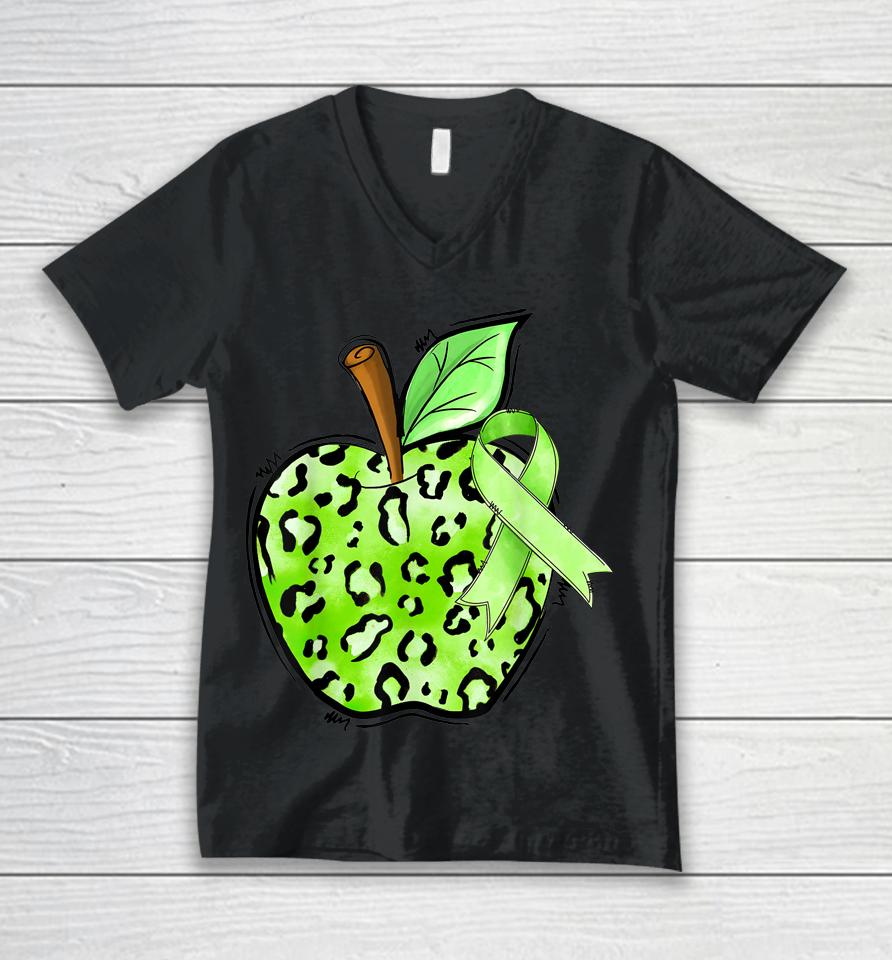 Leopard Apple Cerebral Palsy Awareness Green Ribbon Teacher Unisex V-Neck T-Shirt